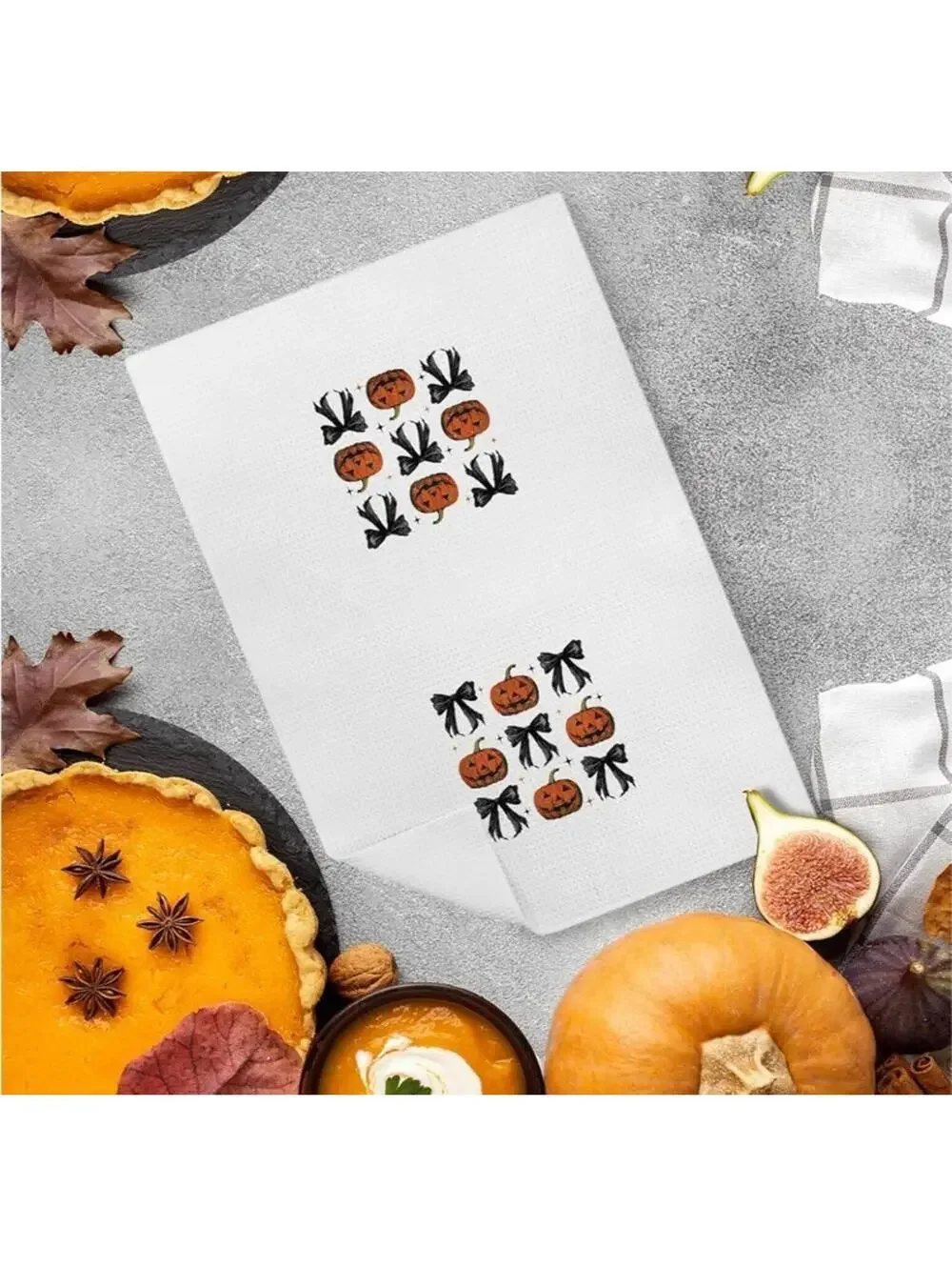 Halloween Kitchen Hand Towels Black Pumpkin & Coquette Bow